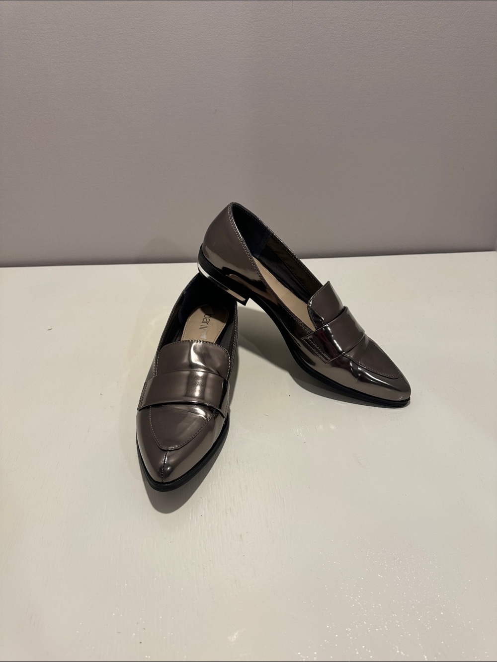 Bar III Pointed Toe Patent Penny Loafers in Metallic Gunmetal